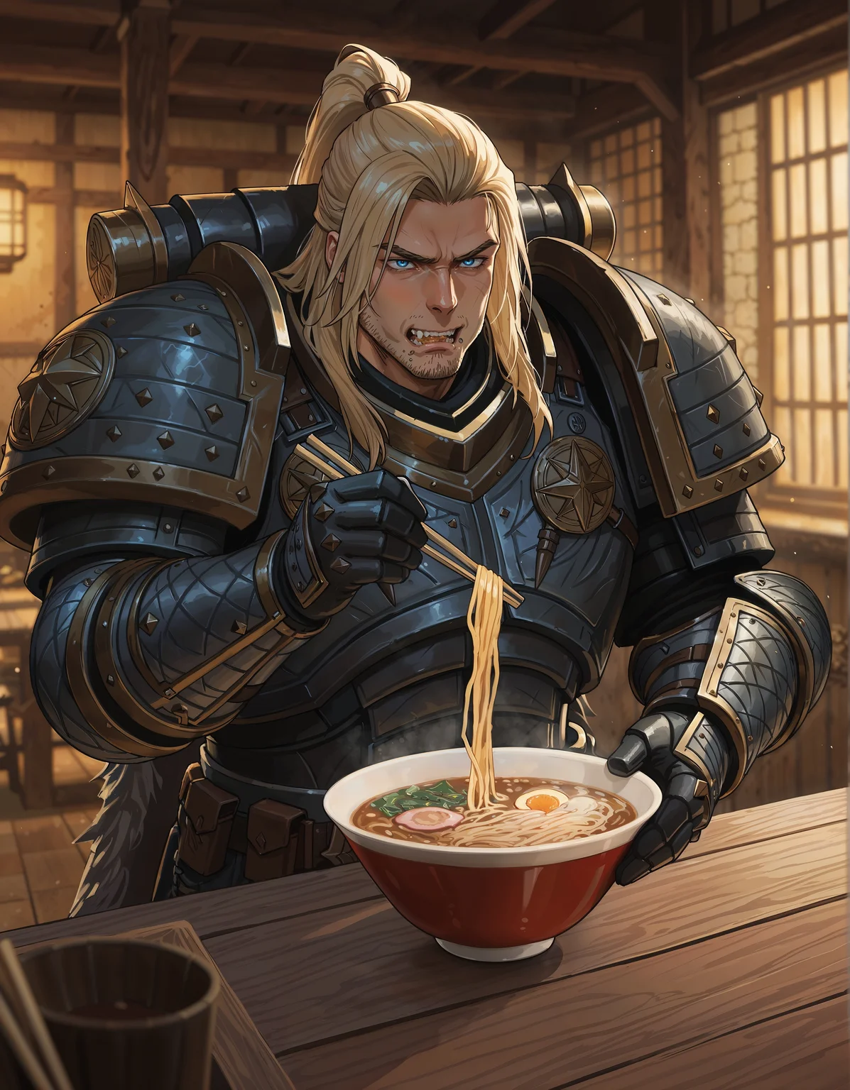 masterpiece, best quality,high quality, newest, highres,8K,HDR,absurdres, 1boy, solo, iLLemanR40K, armor, seated at a rustic wooden table, eating ramen, holding chopsticks, japanese tavern, , intense lighting, detailed background, depth of field, dynamic composition <lora:iLLemanR40K:1>