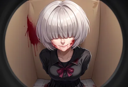 score_9,score_8_up,score_7_up,score_6_up,score_5_up,score_4_up,source_anime,<lora:POV_peephole_concept_ponyXL:1>,pov_peephole,<lora:lora_eyes_V2_ponyxl:0.7>,perfect eyes,1girl,arms behind back,black footwear,black shirt,black skirt,blood,blood in hair,blood on face,blood on ground,blood on wall,box,cardboard box,dark,fisheye,grey eyes,hair over eyes,implied murder,looking at viewer,no nose,pleated skirt,shirt,short hair,skirt,smile,solo,white hair,yandere,