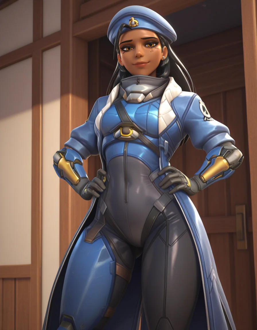 Masterpiece, high-res, 2k, best quality, 2.5d, 1girl, cpt amari, ana (overwatch) , eye of horus <lora:cpt_amari_illus-000040:1> Hands on either hip