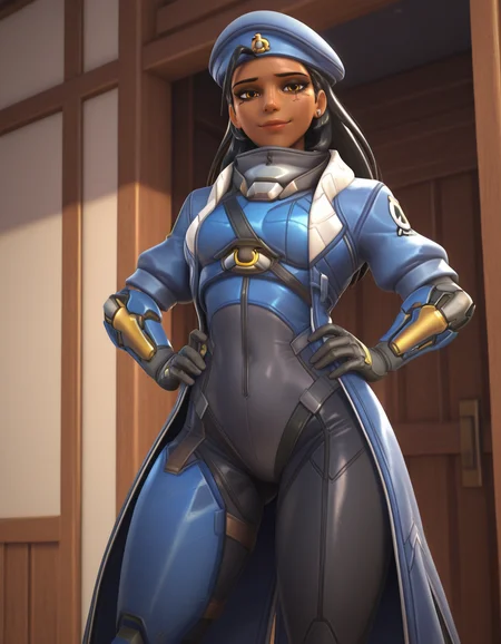 Masterpiece, high-res, 2k, best quality, 2.5d, 1girl, cpt amari, ana (overwatch) , eye of horus <lora:cpt_amari_illus-000040:1> Hands on either hip