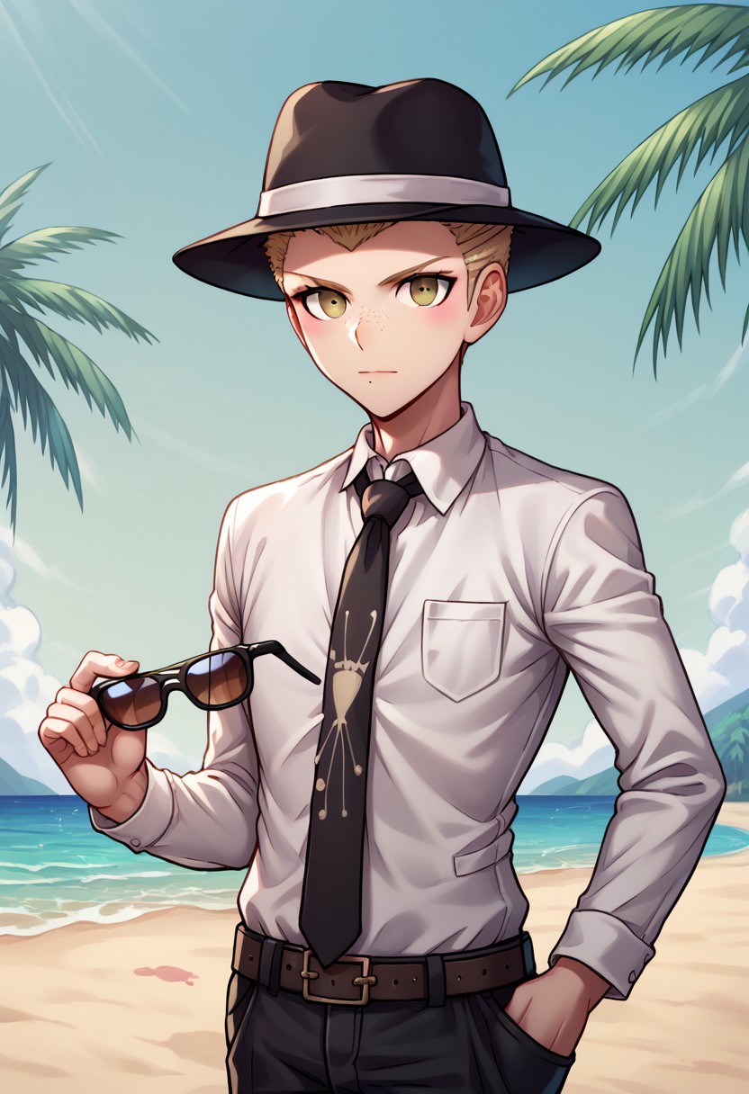 score_9, score_8_up, score_7_up, source_anime, highly detailed, 
1boy, male focus, solo, pants, short hair, hat, shirt, holding, hand in pocket, looking at viewer, black pants,  jacket, necktie, belt, formal, black jacket, long sleeves,
standing, holding eyewear, white shirt, sunglasses, collared shirt, blonde hair, black headwear, 
blush stickers, freckles, mole, upper body, freckles
outdoor, palm tree, sky,