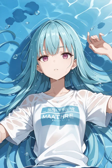 score_max, (score_9, score_8_up, score_7_up:1.0), score_6_up, official art, illustration, source_anime,
, masterpiece, absurdres, high detail, 8k,
water, reflective water, upper body, from above,
on back, outstretched arms, expressionless, parted lips,
ddphibachi, aqua hair, very long hair, t-shirt, white shirt, wet,
<lora:XL_Pony_gomaotsu-hibachi-t3:1>