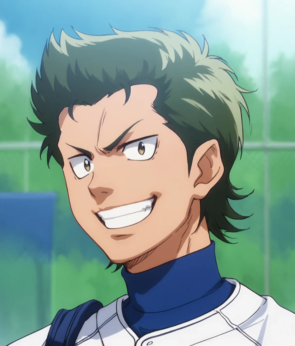 score_9, score_8_up, score_7_up, <lora:Kuramochi:0.8>, 1boy, solo, Kuramochi Yoichi, green hair, baseball uniform, looking at viewer, grin sportswear, upper body, outdoors, male focus,