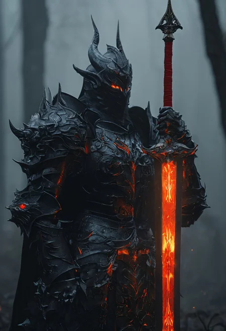 black iron plate armor, fantasy, warhammer, 4k quality, high resolution, dark swamp scenery, holding sword, glowing flame sword, realistic, HKStyle, glowing red, demon armor, glowing eyes, dark elf, red eyes, short black hair, elf ears, elven warrior, dark elf warrior