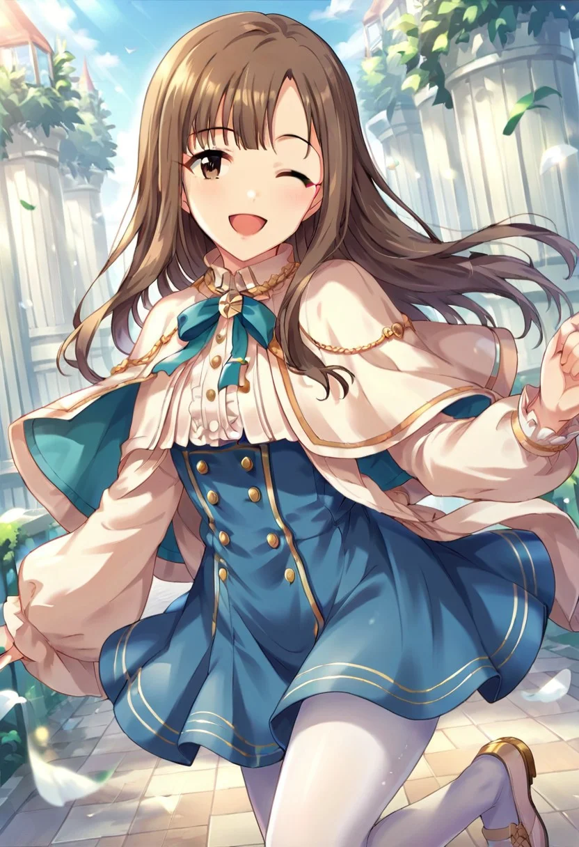 score_9, score_8_up, score_7_up, source_anime,mizumoto yukari, brown hair, brown eyes, 1girl, one eye closed, pantyhose, solo, long hair, smile, white pantyhose, open mouth, capelet