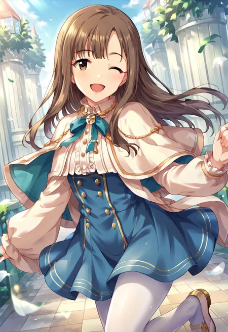 score_9, score_8_up, score_7_up, source_anime,mizumoto yukari, brown hair, brown eyes, 1girl, one eye closed, pantyhose, solo, long hair, smile, white pantyhose, open mouth, capelet