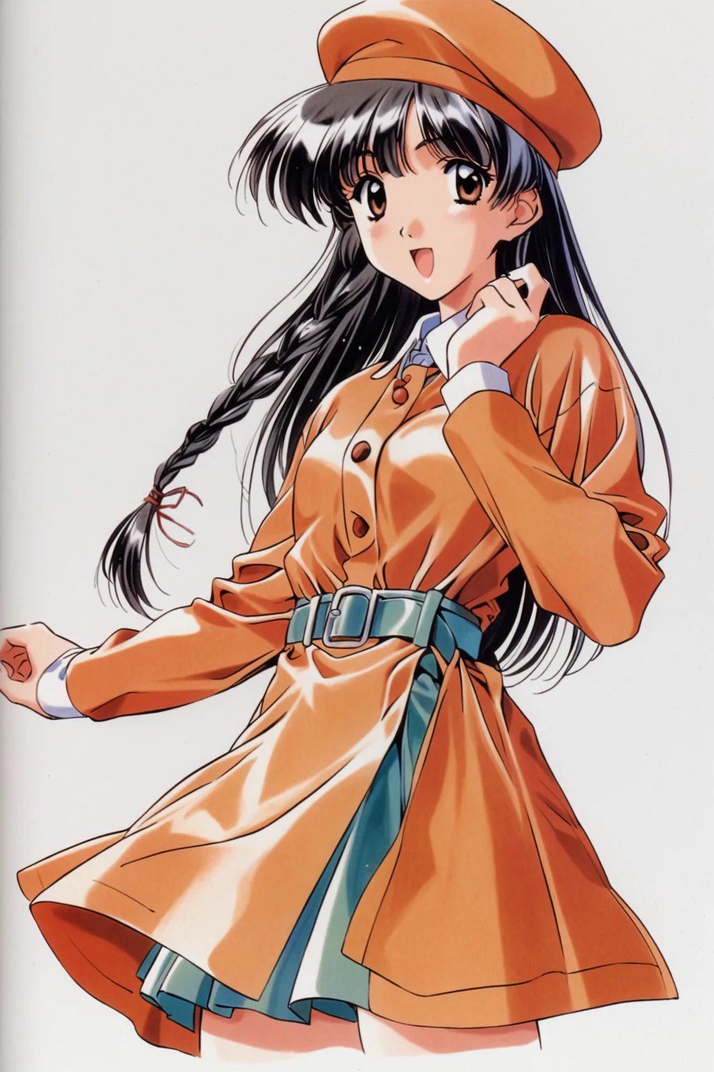 Manami Sugihara,1girl,solo,long hair,hat,braid,brown eyes,black hair,retro artstyle,open mouth,1990s \(style\),long sleeves,white background,simple background,skirt,looking at viewer,smile,<lora:Mizutani Tooru_XL:0.8>,
