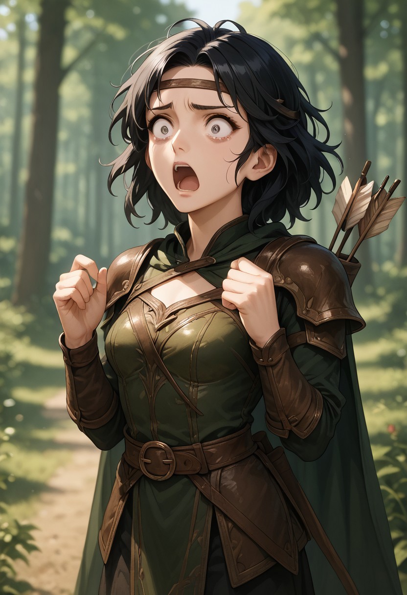 (((score_9, score_8_up, score_7_up, scared very much, hands up, open mouth, pretty, beautiful)))
, 
((( masterpiece, complicated shadows, high quality shadows, midday lighting)))
,
((( Mephalamb2, black hair, Quiver, arrow (projectile), armor, breasts, Shoulder armor, Shoulder armor, cape, belt, )))
,
((( 1girl, solo )))
,
((( Blurred background)))
,
((( Wood, outdoors ))) 
,
((( )))
,
((( )))