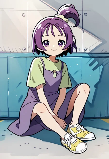 score_9, score_8_up, score_7_up BREAK Onpu1, 1girl, purple hair, bob cut, ponytail, purple eyes, light green hair scrunchie, sleeveless purple dress, short-sleeve light green shirt, yellow white sneakers, smiling at viewer, full body,
