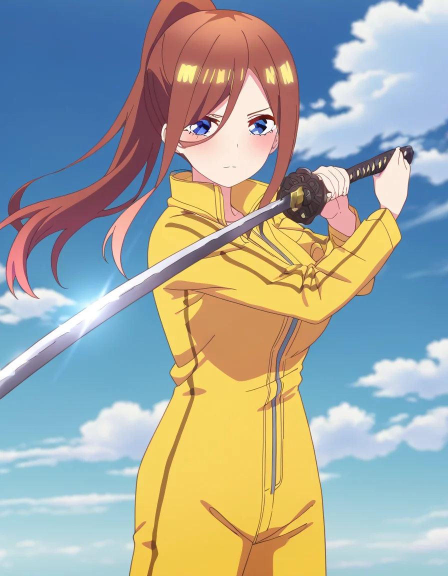 masterpiece, best quality, newest, absurdres, highres, safe,, <lora:miku-nakano-honeymoon-ponyxl-lora-nochekaiser:1>, miku nakano, long hair, bangs, brown hair, blue eyes, ponytail, large breasts, anime screencap, <lora:sword-guard-stance-illustriousxl-lora-nochekaiser:1>, sword guard stance, sword, weapon, solo, katana, holding, holding weapon, holding sword, looking at viewer, jumpsuit, yellow jumpsuit, high collar, cowboy shot, pants,, ,