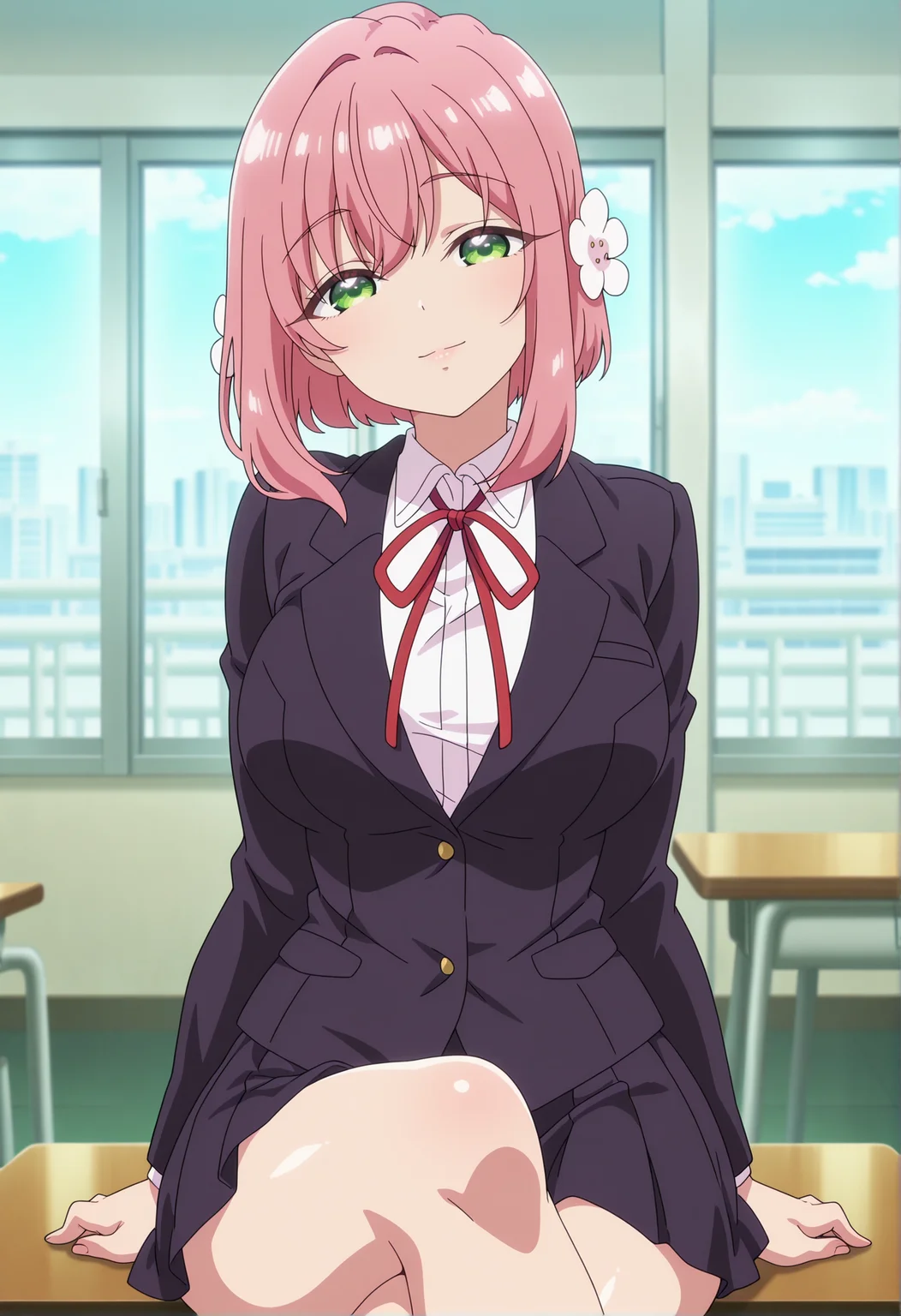 source anime,anime screencap,anime coloring,intricate details,fake screenshot, masterpiece, best quality, very aesthetic, official art, official style, shiny skin,
uncensored,
large breasts,
BREAK,
saimin seishidou, saimin,
<lora:Hakari_Hanazono:0.85>, Hakari Hanazono, pink hair, green eyes, hair ornament, hair flower, short hair,
BREAK,
school uniform, collared shirt, jacket, long sleeves, neck ribbon, pleated skirt, red ribbon, ribbon, school uniform, shirt, skirt, white shirt,
1girl, solo, closed mouth, light smile, head tilt, arms at sides, sitting, crossed legs, looking at viewer, cowboy shot, blurry background, indoors, classroom,
BREAK,
outdoors,
<lora:saimin_seishidou_by_Nyx_for_Illu:0.35>, anime screencap, anime coloring,