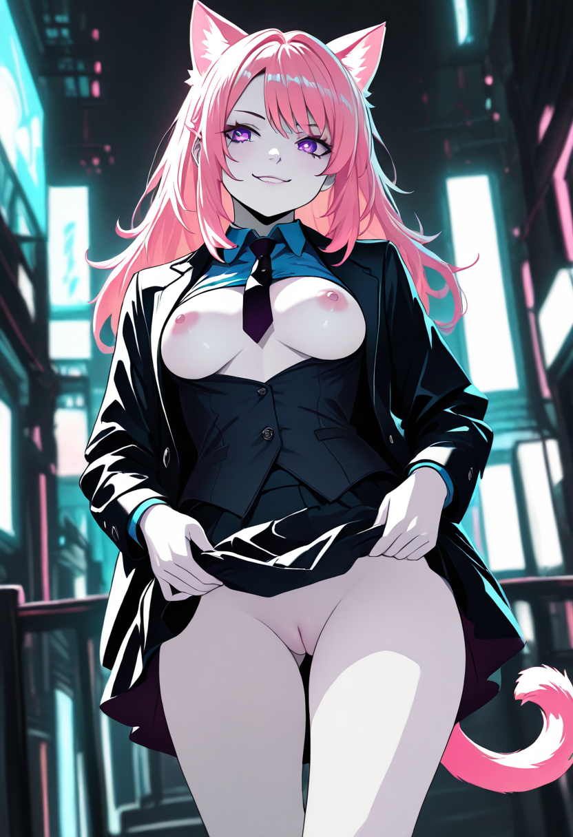 pale skin, <lora:CatGirlStyleNeon_V1-000003:1>, Smooth Quality,
1girl, pink hair, purple eyes, cat ears, cat tail, masterpiece, 4k, medium breasts, cute, adult, neon edge, shirt with buttons, jacket, vest, black skirt, tie,  CatGirlNeonStyle, pussy, nipples, smirk
