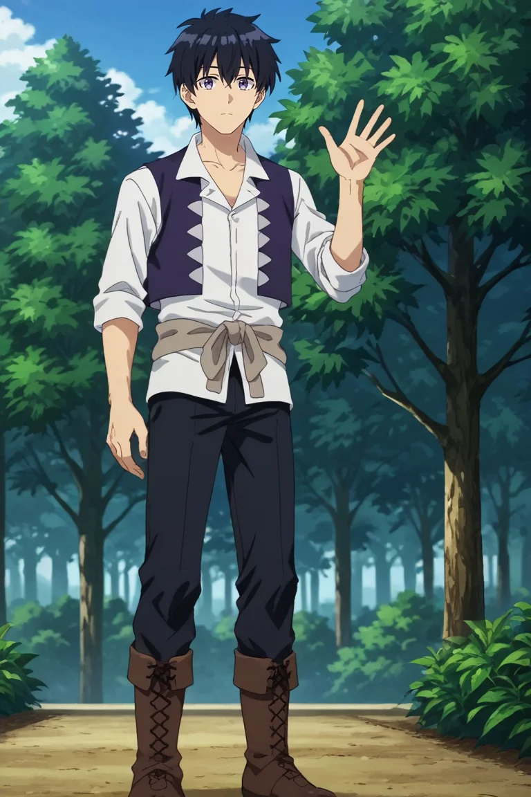 score_9, score_8_up, score_7_up,score_6_up,score_5_up,score_4_up,source_anime,BREAK, rating_safe, intricate details , , , anime screencap, anime coloring, official style, depth of field,1boy, solo, male focus , , , <lora:hikaru_machio:0.80>,hiraku machio,light purple eyes,black hair,short hair,bangs,hair between eyes,looking at viewer,expressionless, shirt, jewelry, standing, collarbone, white shirt, full body, boots, collared shirt, pants, vest, waving, black pants, brown footwear, knee boots, sleeves rolled up,outdoors,tree,day,from below , , , <lora:sdxl_lightning_8step_lora_315544:1>