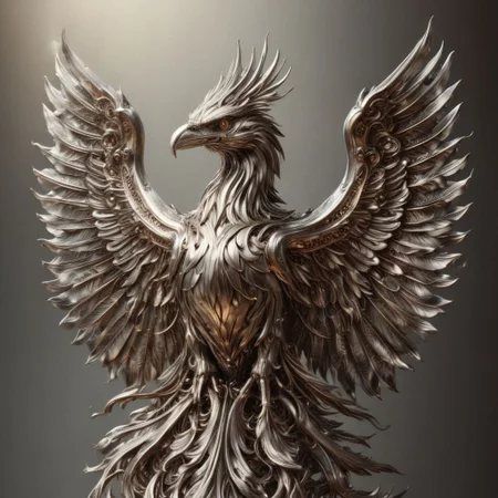 Steel/ral-polishedsteel Phoenix, Diamond Line, (Golden Beak: 1.1), Sharp Focus, Atmospheric Lighting, Highly Detailed, Overall Detail, Ornate, Macro, Shallow DOF, Atmospheric Dust,