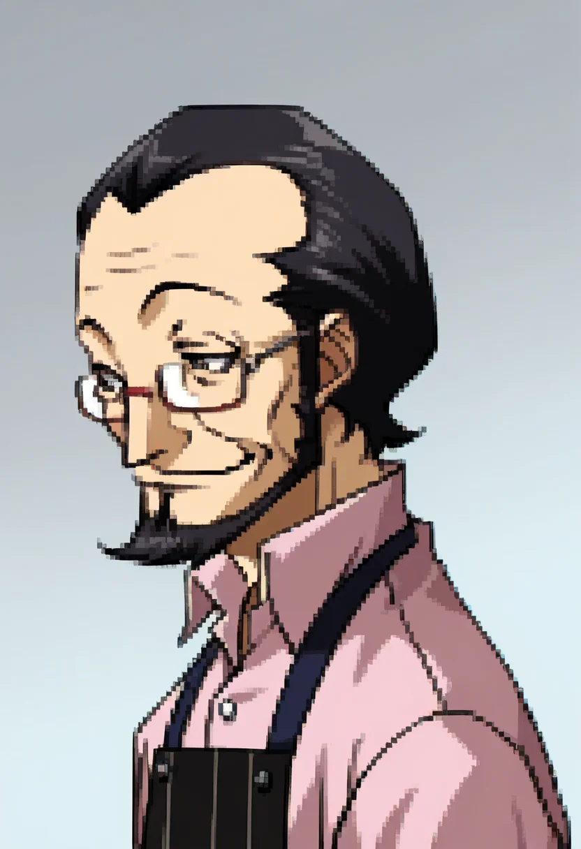 score_9, score_8_up, score_7_up, source_anime, BREAK, solo, 1boy, smile,  <lora:Sojiro-pdxl_Fp:1>, sojiro, short hair, black hair, beard, grey eyes, glasses, collared shirt, pink shirt, apron, <lora:P2-Protraits-pdxl_Fp:1>, portrait, simple background