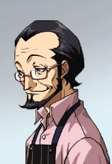 score_9, score_8_up, score_7_up, source_anime, BREAK, solo, 1boy, smile,  <lora:Sojiro-pdxl_Fp:1>, sojiro, short hair, black hair, beard, grey eyes, glasses, collared shirt, pink shirt, apron, <lora:P2-Protraits-pdxl_Fp:1>, portrait, simple background