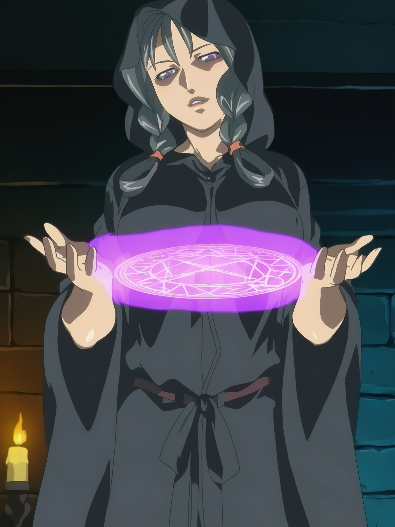 masterpiece, best quality, highres, absurdres, very awa, shiny skin, 
1girl, saki kiriya, standing, cowboy shot, hands up, casting spell, purple magic, magic circle, fire in palm, glowing,
looking at viewer, parted lips, head tilt, 
long hair, braided sidelocks, hair rings, grey hair,  purple eyes, lips,
large breasts,
black robe, hood, 
indoors, room, dungeon, candlelight, stone wall, ceiling,
<lora:Saki Kiriya 3216 NoobAIXL Vpred:1>