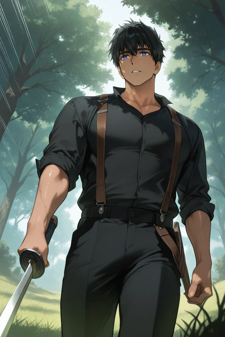 foreshortening, 1boy, NorraVon, black hair, blue eyes, tan skin, muscular, shiny skin, black shirt, rolled up sleeves, suspenders, black pants, only one hand holding sword, cowboy shot, from below, day outdoors, grass, shadow, shadow dutch angle, dynamic angle, dynamic action, atmospheric perspective, cinematic, intricately detailed illustration, depth of field, masterpiece, best quality, amazing quality, very aesthetic, absurdres, newest, very awa, BREAK, speed lines, visual effects