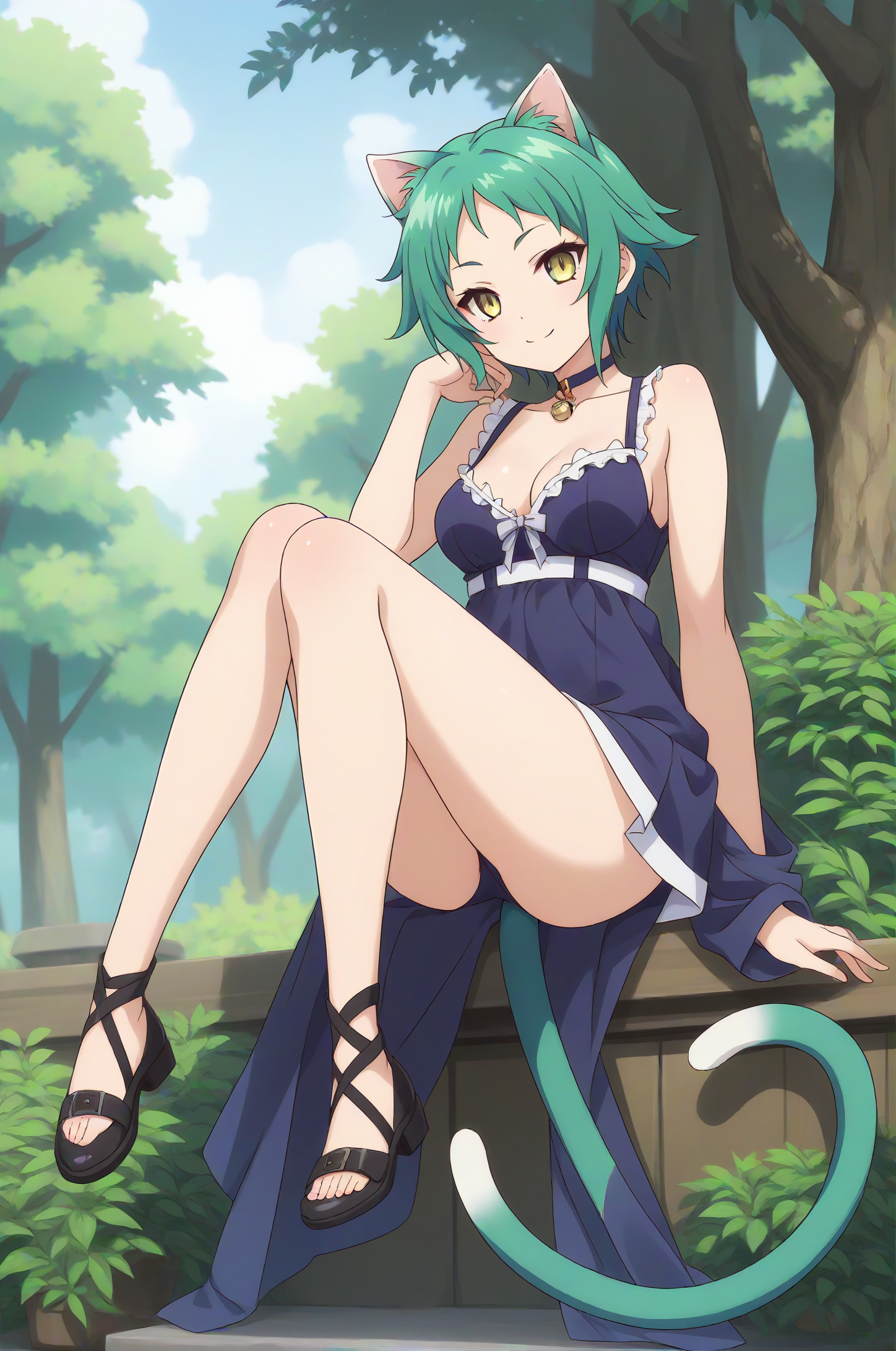 (:1.40), ys-yaya, green hair, short hair, yellow eyes, cat ears, cat tail, medium breasts, 1girl, solo, skinny, score_9, score_8_up, score_8, score_7_up, score_7, score_6_up, score_6, score_5_up, score_5, source_anime, (light smile:1.10), 0.2:outdoors forest, (full body:1.20), feet, <lora:ys-yaya-V01-000003:0.80>