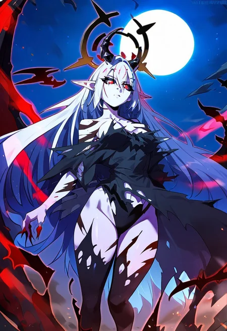 zPDXL3, score_9_up, score_8_up, score_7_up, Anime_source,
1girl, solo, Bai ji, breasts, long hair, dark sclera, hair between eyes, very long hair, white hair, colored skin, pointy ears, halo, horns, dress, bare shoulders, torn clothes, floating, corruption,tatoo, sky, night, moon, full moon, , Emotionless,devil_horns