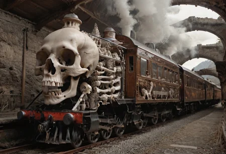 4k photograph, ultra-detailed, detailed shadows, dramatic lighting, close up, a magnificent bone steam locomotive, train, emerging from a dark bone-lined mountain tunnel, giant laughing skull on the fronts, boneswm