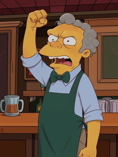 <lora:JMoxComix_style-12:0.8> JmoxComic,,, best quality, highres, score_9, score_8_up, score_7_up, score_6_up, <lora:Moe_Szyslak_-_The_Simpsons_-_Character:0.8> moeszyslak_simpsons, 1boy, solo, old man, ugly man, yellow skin, grey hair, curly hair, blue dress shirt, brown pants, green bowtie, green apron, bar (place), bartender, angry, arm raised, fist shaking, open mouth, teeth, shouting, counter hiding lower body