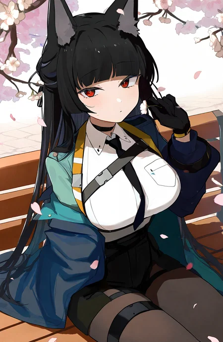 1girl, solo, long_hair, breasts, looking_at_viewer, shirt, black_hair, gloves, red_eyes, animal_ears, sitting, white_shirt, necktie, collared_shirt, animal_ear_fluff, from_above, cherry_blossoms, black_necktie