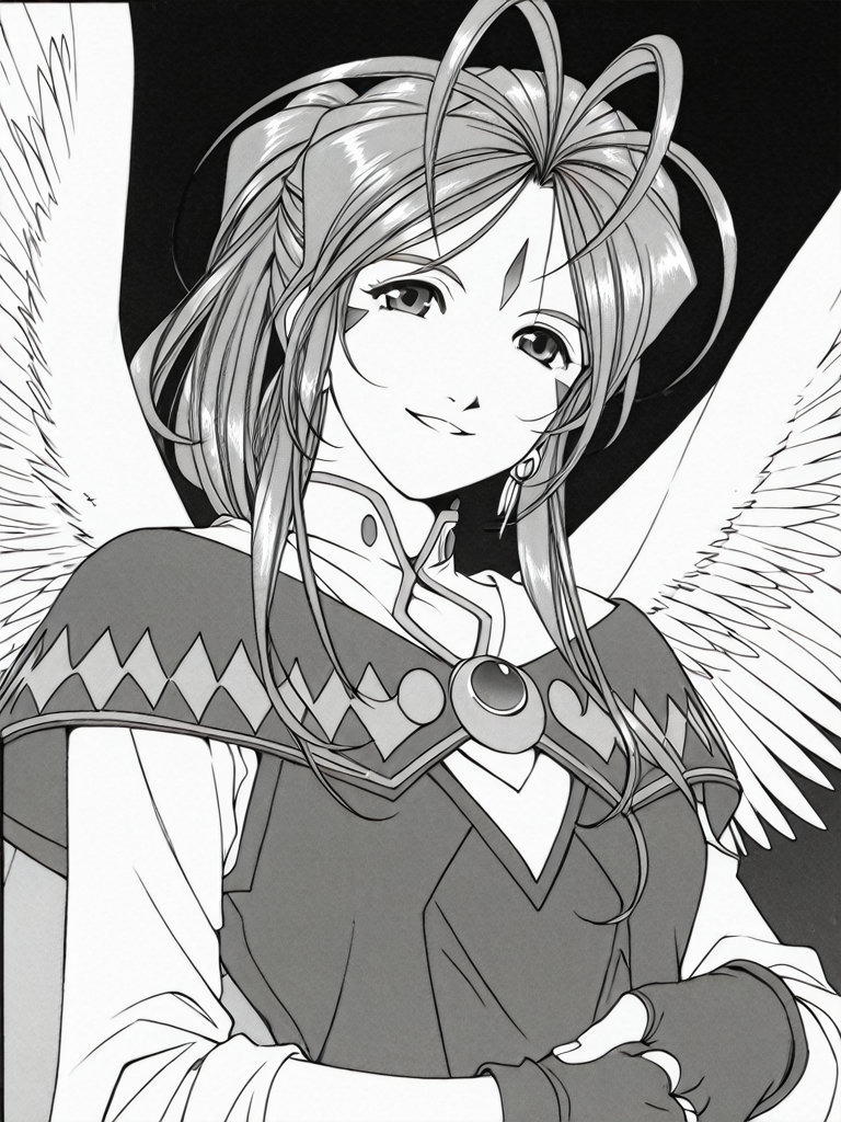 looking_at_viewer,solo,<lora:Expressive_H-000001>,Expressiveh,smile,parted lips,<lora:Belldandy.illus:1>,monochrome,greyscale,forehead mark,facial mark,long hair,antenna hair,ponytail,medium chest,earrings,fingerless gloves,angel wings,