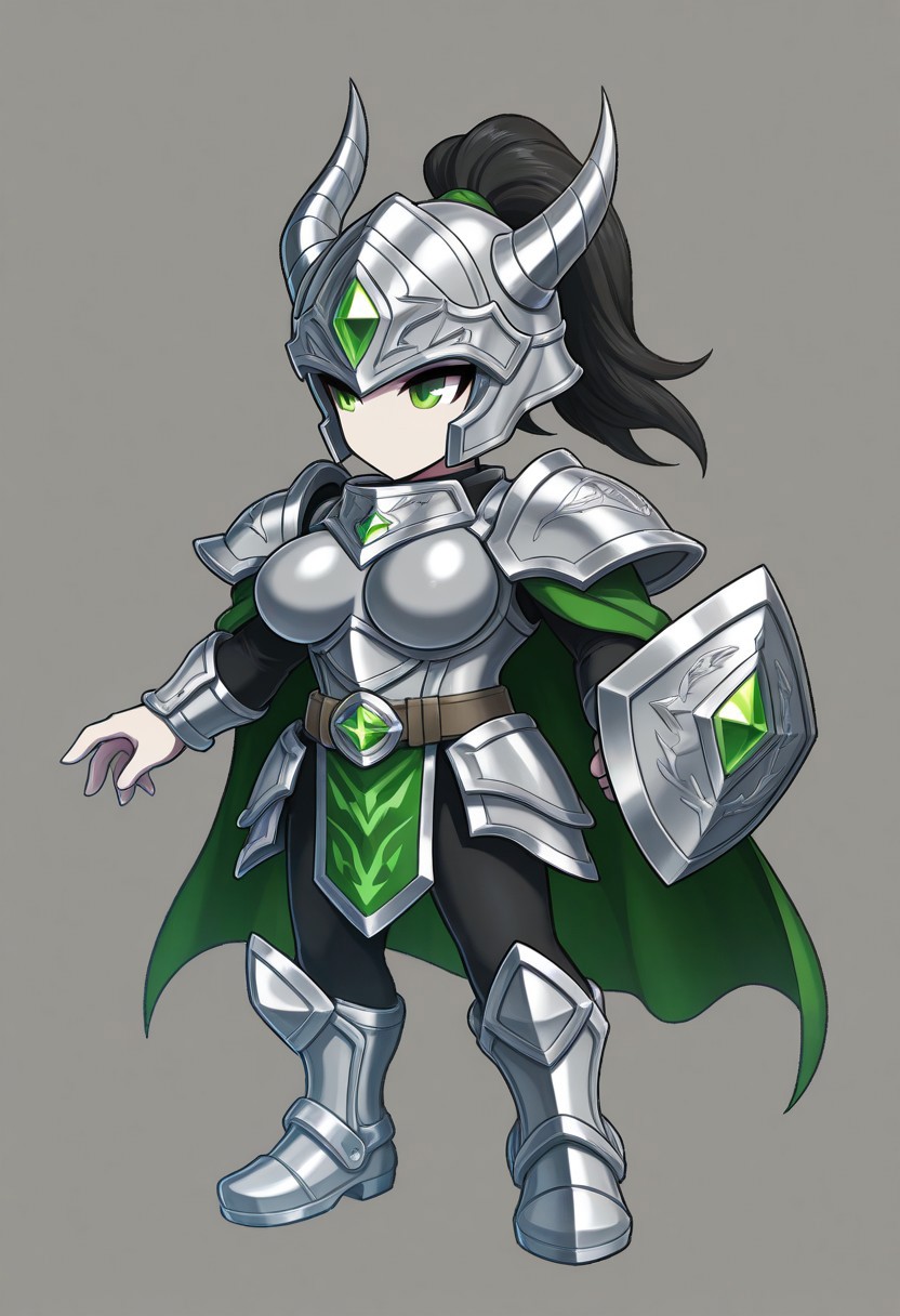1girl, humanoid_build, tall_and_graceful_frame, pale_skin_with_a_hint_of_blue, serene_dark_green_eyes, long_black_hair_tied_in_a_high_ponytail, pixel_art, armor: (dragon_bronze_cloth:1.2), polished_green_and_silver_armor_with_dragon_motifs, sturdy_chestplate_with_embossed_dragon_scale_patterns, cape: flowing_green_cape_with_silver_trim_and_scale-like_patterns, bracers: heavy_silver_gauntlets_with_dragon_claw_designs_and_runic_inlays, belt: wide_silver_belt_with_a_dragon_head_emblem_and_green_gem, boots: knee-high_silver_boots_with_dragon_scale_textures, helmet: dragon-shaped_helm_with_glowing_green_gem_and_twin_horns, accessories: ethereal_dragon_aura_orbiting_character, shield_with_dragon_engraving, pose: standing_in_a_defensive_stance_with_shield_raised_and_a_calm_gaze, details: faint_dragon_outline_in_background, glowing_runes_in_armor, serene_and_powerful_aesthetic, green_and_silver_palette_with_blue_highlights, _|_, ROSPRITE ,BF2, Smooth Quality ,Big Round breasts, oversized head, open clothes