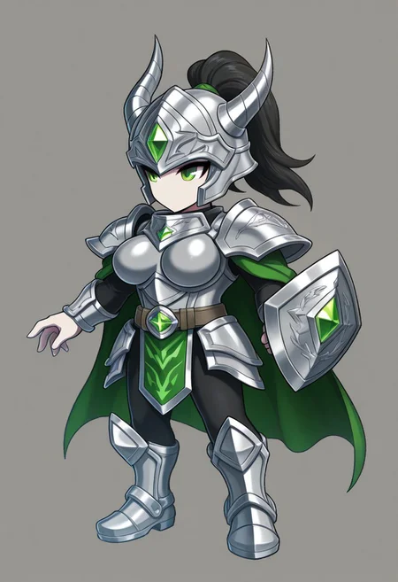 1girl, humanoid_build, tall_and_graceful_frame, pale_skin_with_a_hint_of_blue, serene_dark_green_eyes, long_black_hair_tied_in_a_high_ponytail, pixel_art, armor: (dragon_bronze_cloth:1.2), polished_green_and_silver_armor_with_dragon_motifs, sturdy_chestplate_with_embossed_dragon_scale_patterns, cape: flowing_green_cape_with_silver_trim_and_scale-like_patterns, bracers: heavy_silver_gauntlets_with_dragon_claw_designs_and_runic_inlays, belt: wide_silver_belt_with_a_dragon_head_emblem_and_green_gem, boots: knee-high_silver_boots_with_dragon_scale_textures, helmet: dragon-shaped_helm_with_glowing_green_gem_and_twin_horns, accessories: ethereal_dragon_aura_orbiting_character, shield_with_dragon_engraving, pose: standing_in_a_defensive_stance_with_shield_raised_and_a_calm_gaze, details: faint_dragon_outline_in_background, glowing_runes_in_armor, serene_and_powerful_aesthetic, green_and_silver_palette_with_blue_highlights, _|_, ROSPRITE ,BF2, Smooth Quality ,Big Round breasts, oversized head, open clothes