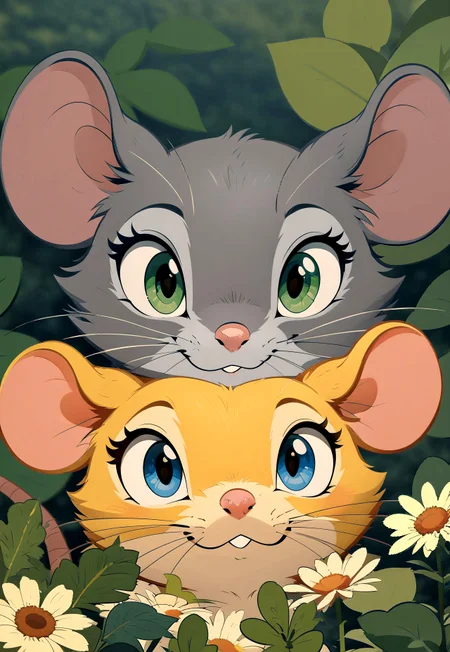 score_9, score_8_up, score_7_up, score_6_up, score_5_up, score_4_up, animalclose-up, in the style of beatrix potter, flat color, j_cartoon, (((mouse))), mouse and mouse, (cartoon style), (cute:1.5), close up, duo, looking at viewer, flowers, female, smile, happy, vector art, masterpiece, hi-res, 
BREAK
(yellow fur, blue eyes), 
BREAK
(grey fur, green eyes),