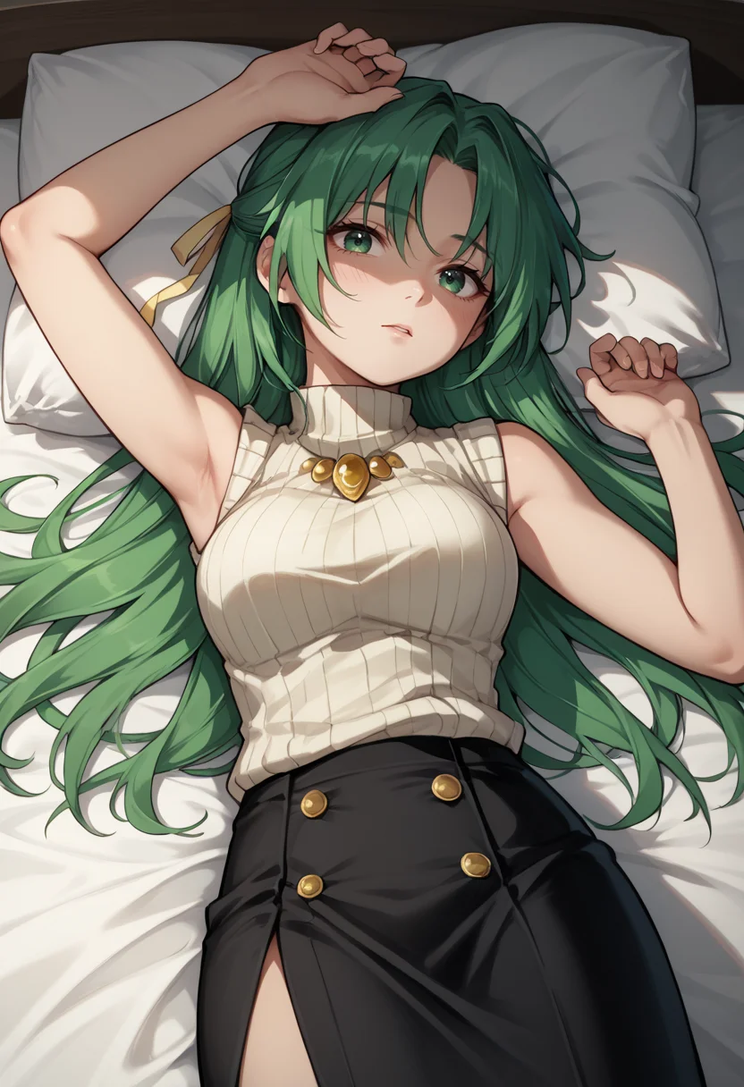 score_9, score_7_up, 1girl, <lora:Shion renew :1> shi, green hair, long hair, green eyes, hair ribbon, white turtleneck sweater, black pencil skirt, brooch, sleeveless, on back, bed,