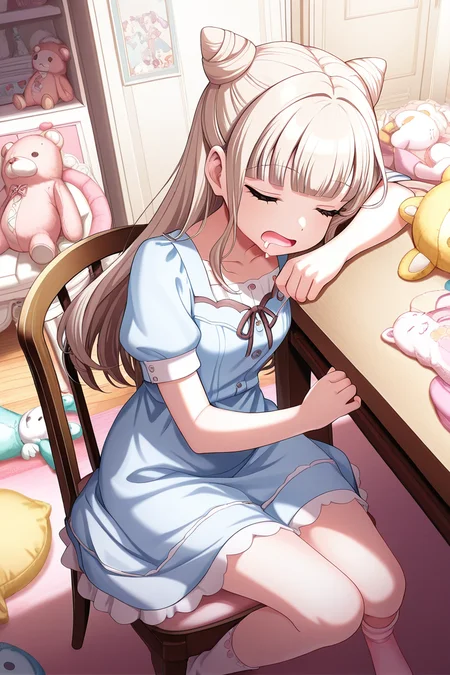 masterpiece, best quality, amazing quality,
 <lora:Kurumi_IL:1> kurumi, 1girl, solo, closed eyes, long hair, dress, sitting, indoors, open mouth, hair bun, cone hair bun, blue dress, short sleeves, bangs, drooling, table, stuffed toy, sock, sleep