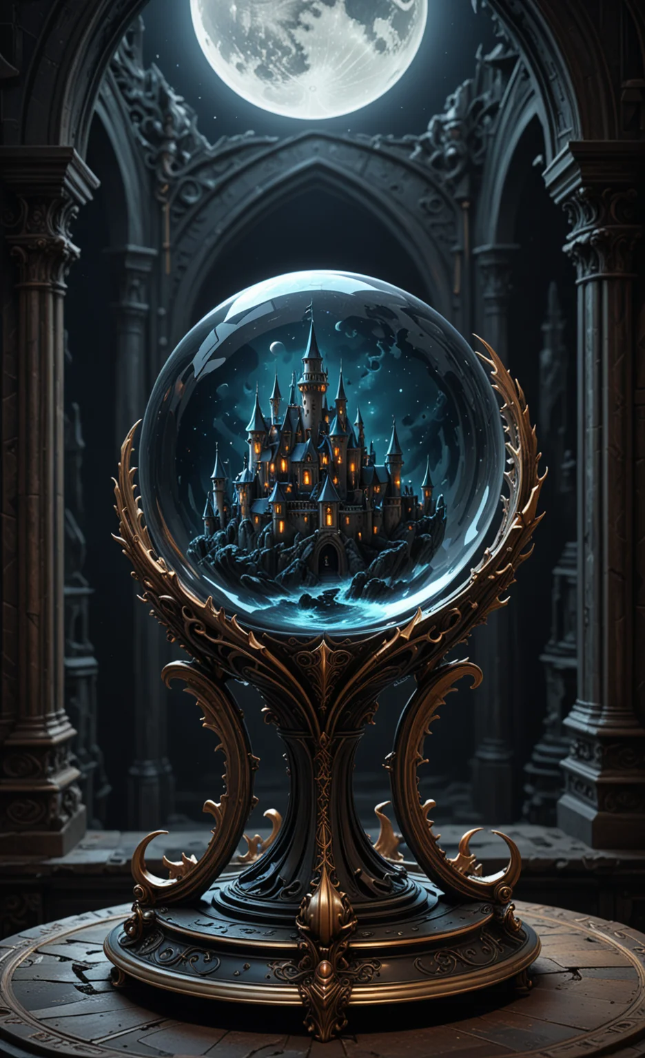 A glass sphere sculpture, concealed inside the sphere is a Dragon flying over a castle, Fantasy, in the dark, detailed image, 8k high quality detailed, the moon, shaped sphere, amazing wallpaper, digital painting highly detailed, 8k UHD detailed oil painting, beautiful art UHD, focus on full glass sphere, bokeh, background Modifiers: extremely detailed Award winning photography, fantasy studio lighting, photorealistic very attractive beautiful imperial colours ultra detailed 3D, (Extremely Intricate), UHD <lora:3D_Framed_Wall_Art_-_By_DICE:1>, (3D Framed, Macabre)