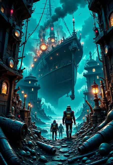 This steampunk-Ghostlystyle graphic novel panel shows survivors navigating a massive, haunted ship in a ghostly Biopunk world. The rusted iron vessel drifts over a dark, misty sea, with eerie neon tubes flickering and ghostly smoke swirling. Clad in patched-up armor, the survivors tread cautiously through the decaying ship, haunted by spectral remnants of their mechanical past and an industrial void filled with restless, phantom machines.