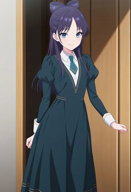 (absurdres, best quality, masterpiece:1.4), amazing quality, highres, newest, detailed, detailed body, detailed face, source anime, anime coloring, beautiful, petite,
BREAK
WWNemu, 1girl, solo, standing, smile, NemuAniHu, dark purple hair, bow-shaped hair, parted bangs, half updo, blue eyes, v-neck dress, white inner collared shirt, Short necktie, juliet sleeves, long skirt