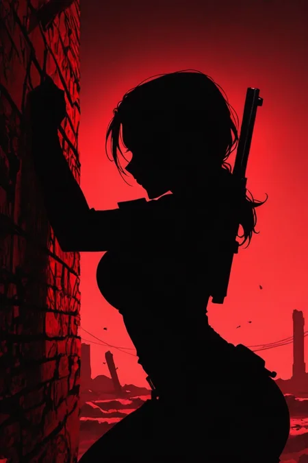score_9,  masterpiece, best quality, amazing quality, very aesthetic, absurdres, newest, ultra-detailed, sharp focus, depth of field, dynamic composition, side view, cinematic shot, Lara Croft_\(tomb_raider\), 1girl, solo, cowboy shot, shooting a gun,  shooting bullet, action shot, dramatic pose, silhouette, ancient archeological ruins, red theme, red light scatter, suspenseful tension, poster aesthetics, dramatic shadows, c0mix, artist:moriimee