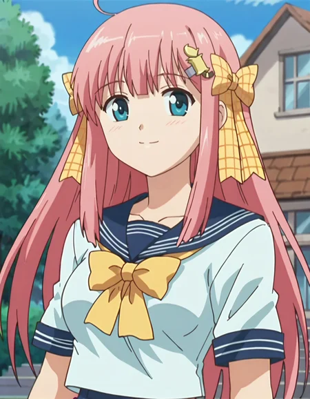 score_9,score_8_up,score_7_up,score_6_up,score_5_up,score_4_up,1girl, <lora:yume_kuonji:0.7> yume_kuonji,medium breasts,long hair,hair bow, yellow ribbon, hair ornament,school uniform,serafuku,skirt,upper body,smile,looking at viewer,(anime screencap),