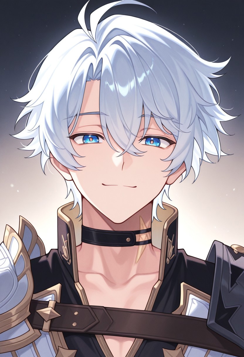 masterpiece,best quality,amazing quality, source_anime, 
Phainonhsr, 1boy, male focus, solo, blue eyes, white hair, black choker, neck tatto, shoulder armor, shirt, black shirt, coat, white coat, smile, looking at viewer, portrait,