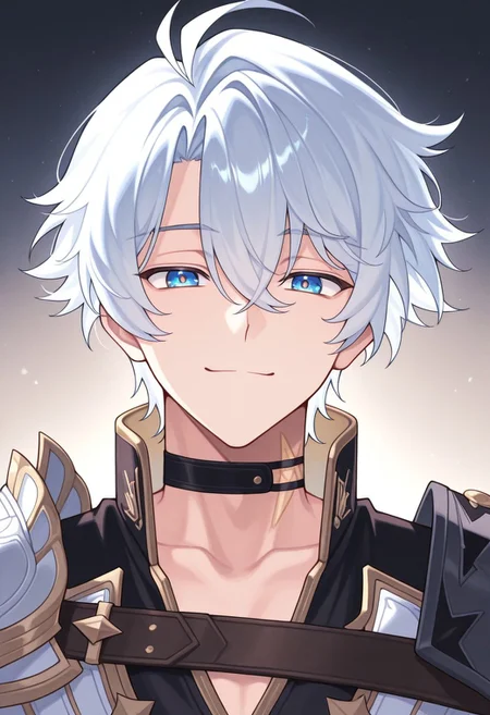 masterpiece,best quality,amazing quality, source_anime,
Phainonhsr, 1boy, male focus, solo, blue eyes, white hair, black choker, neck tatto, shoulder armor, shirt, black shirt, coat, white coat, smile, looking at viewer, portrait,