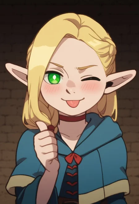 score_9, score_8_up, score_7_up, score_6_up, score_5_up, score_4_up, masterpiece, perfect face, perfect eyes, 4ng3l face, sexy girl, 1girl, ((bluemake)), chibi, short chibi, marcille donato, long hair, blonde hair, green eyes, braid, pointy ears, long hair, elf, bright pupils, parted bangs, ((solo)), looking at viewer, blushing, smiling, one eye closed, tongue out, thumbs up, standing, choker, robe, red choker, dungeon background