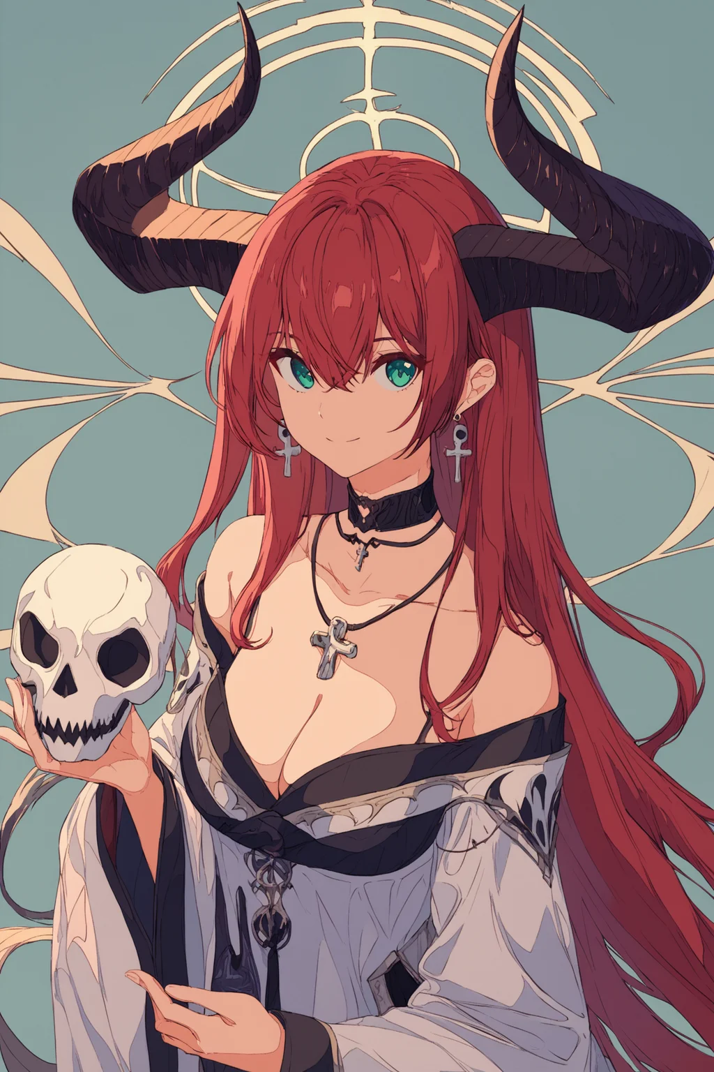 1girl,red hair,horns,long hair,solo,jewelry,earrings,halo,looking at viewer,skull,holding,holding skull,animal skull,smile,closed mouth,cleavage,green eyes,wide sleeves,breasts,choker,flower,bangs,long sleeves,upper body,hair between eyes,cross,aqua eyes,necklace,very long hair,black choker,score_8_up,<lora:ç¦è¶_XL_PONY:0.8>,