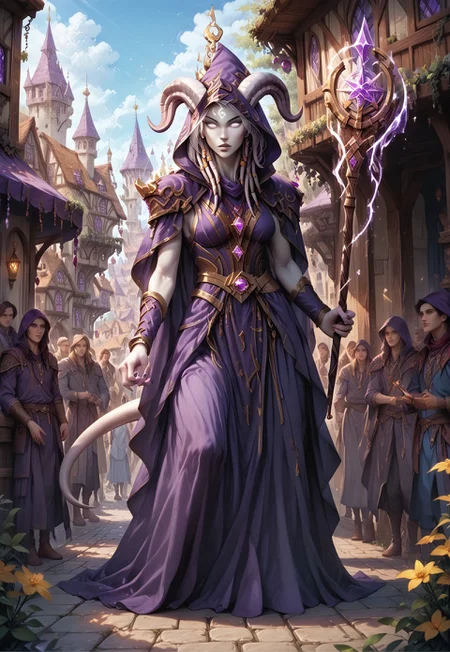 (absurdres, best quality, masterpiece:1.4), score_9, score_8_up, score_7_up, score_6_up, detailed, detailed body, detailed face, world of warcraft, fantasy, 

culDraenei, purple eyes, no sclera, no pupils, athletic, tall, slim, pale skin, grey skin, long tail, long ears,  

sorcerer, wand, magic, 

outdoors, fantasy village, ((multiple crowds, human, varied clothing))