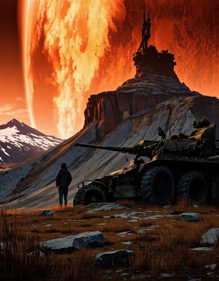 Art by Ronan Le Fur. A digital illustration shoot from a far camera angle about a futuristic landscape with a large, imposing structure on a rocky outcrop, set against a backdrop of snow-capped mountains during sunset. the image also shows a person standing in the foreground, looking at a vehicle with a gun mounted on top. on the left side of the image, a man wearing a hoodie is standing, facing away from the viewer. the man appears to be in his mid-twenties, with a slim body and a serious expression. he is standing in a grassy field with sparse vegetation, and the vehicle is armored with large, black wheels. the scene is set against the backdrop of a fiery, red landscape, with distant mountains and a distant planet in the distance. the sky is a deep orange color, with streaks of orange and yellow light illuminating the scene. the overall atmosphere is dark and moody, with the man and vehicle standing out against the rocky terrain.
