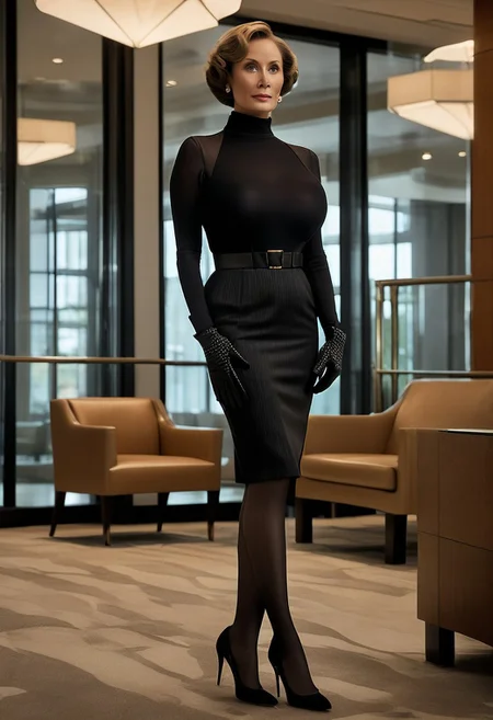 cinematic film still, ((masterpiece:1.0, best quality:1.0)), (ultra high res), ((professional photography)), ((photo-realism, hyperrealism)), perfect focus, centered, (mid angle, front view image), photo of beautiful Danish mother in the hotel lobby, age 55, (GILF:1.0), (thick, toned, mature, voluptuous, hourglass body, huge lips), (elegant pose, feminine pose), confident subtle smile, (short bob cut hairstyle, dark brown hair:1.5), ((huge fake breasts:1.0, (spherical breasts:1.5, silicone breasts:1.5))), ((short delicate tight gloves)), ((Belted, pinstripe textured twill dress, (high neckline:1.4), (professional work dress))), ((black pantyhose)), pearl necklace, delicate diamond earrings, watch, ((very high heeled stiletto pumps, (high ankle strap), sharp pointed toe:1.1)), (luxurious modern office entrance, glass windows), (soft, studio lighting:0.6), (volumetric lighting:1.2), intricate details, ambient lighting, professional photography, 8k, Nikon 85mm lens, Bokeh, diffused light, epiCRealism