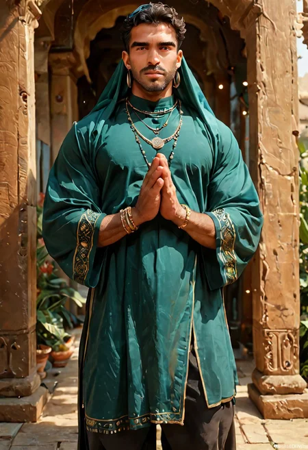 score_9, score_8_up, score_7_up, score_6_up, score_5_up, score_4_up, beautiful Muslim man, handsome, huge biceps, earrings, black, looking at viewer, shy male, male bangles, jewelry, puffy lips, thick thighs, standing, praying in a mosque, Salah, fully clothed, covered body, conservative clothes,
BREAK
score_9, score_8_up, score_7_up, score_6_up, source_cartoon, (best quality, masterpiece, aesthetic, perfect details,realistic:1.2),aaPO8il