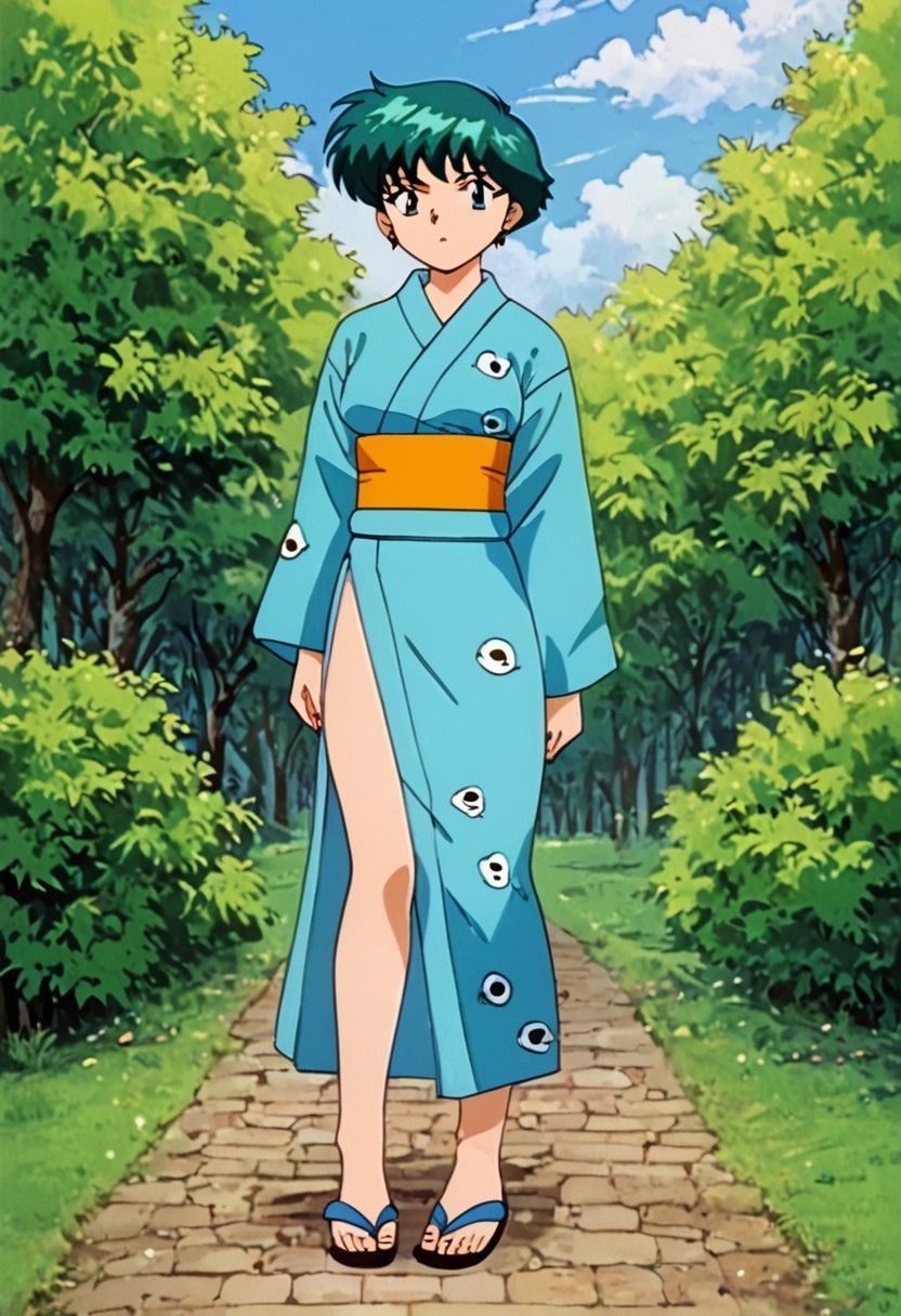 retro artstyle, source_anime, official style, PonyXLV6_Scores, masterpiece, ultra detailed, best quality, beautiful face, perfect anatomy, anatomically correct, detailed eyes, <lora:xl_more_art-full_v1:0.7>, <lora:Detailed_anime_style:0.4>, <lora:LCM&TurboMix:1.0>, <lora:Expressiveh:0.5>, Expressiveh, 5 fingers, perfect hands, perfect feet, BREAK 1girl, full_body, DollMew, 1990s (style), 1girl, solo, green hair, short hair, green eyes, slim sexy body, medium breasts, standing, confused, head tilt, looking at viewer, frown, (OutfitYukata, blue yukata, long sleeves, orange sash, sandals, stud earrings, ), cowboy shot, BREAK (park, bushes, grass, no men, 1girl, solo,),