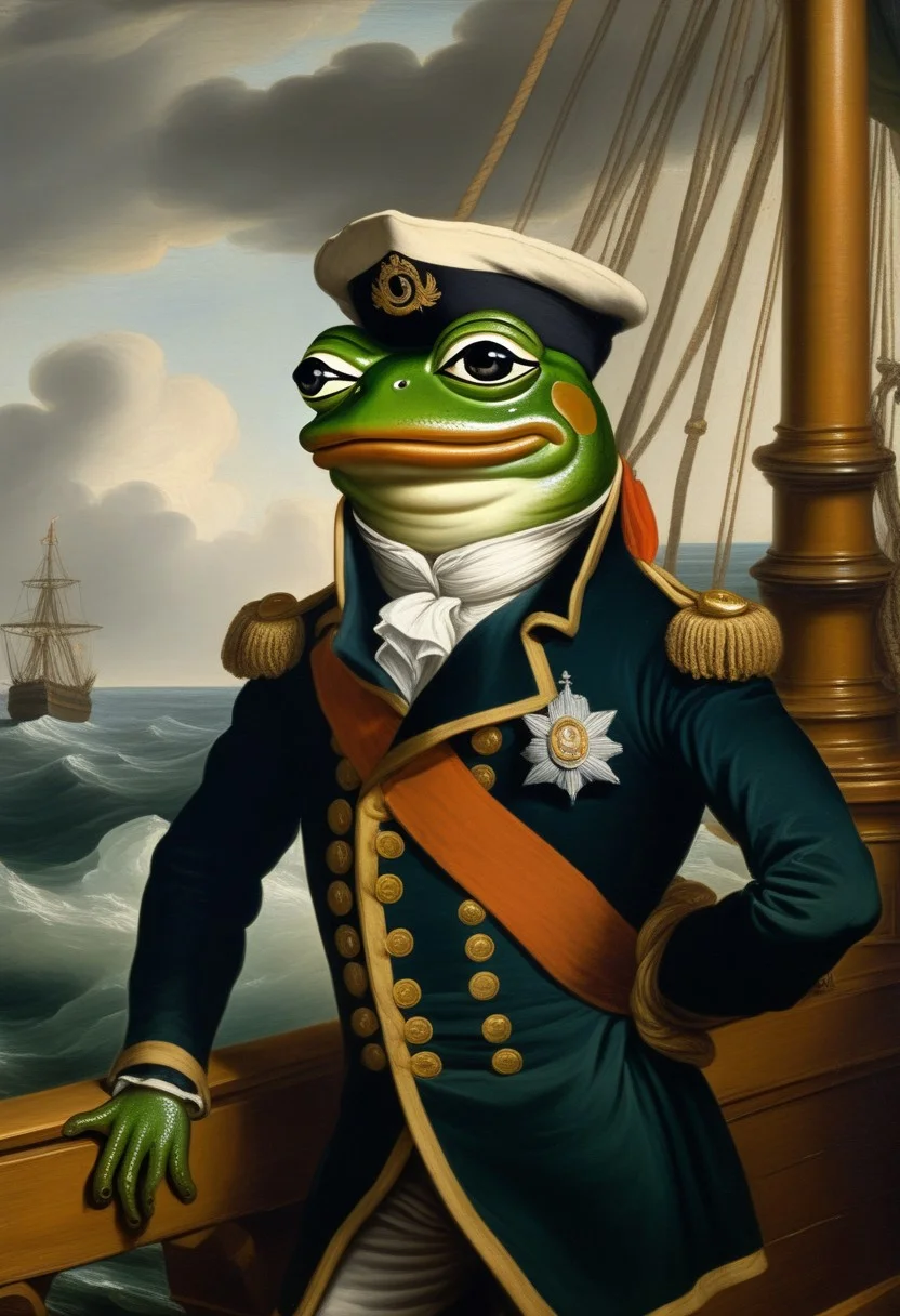 detailxl, high quality, intricate, painting of,
(frog, pepe_frog)
(as a british ship captain, standing),
(on a ship, sea background),
(by Theodore Gericault:1.5)