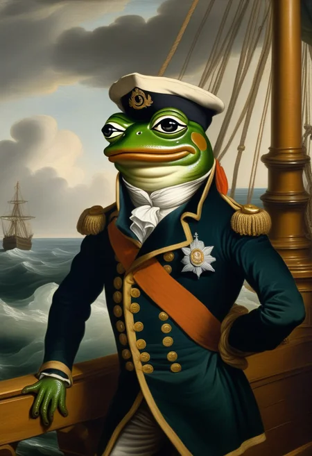 detailxl, high quality, intricate, painting of,
(frog, pepe_frog)
(as a british ship captain, standing),
(on a ship, sea background),
(by Theodore Gericault:1.5)