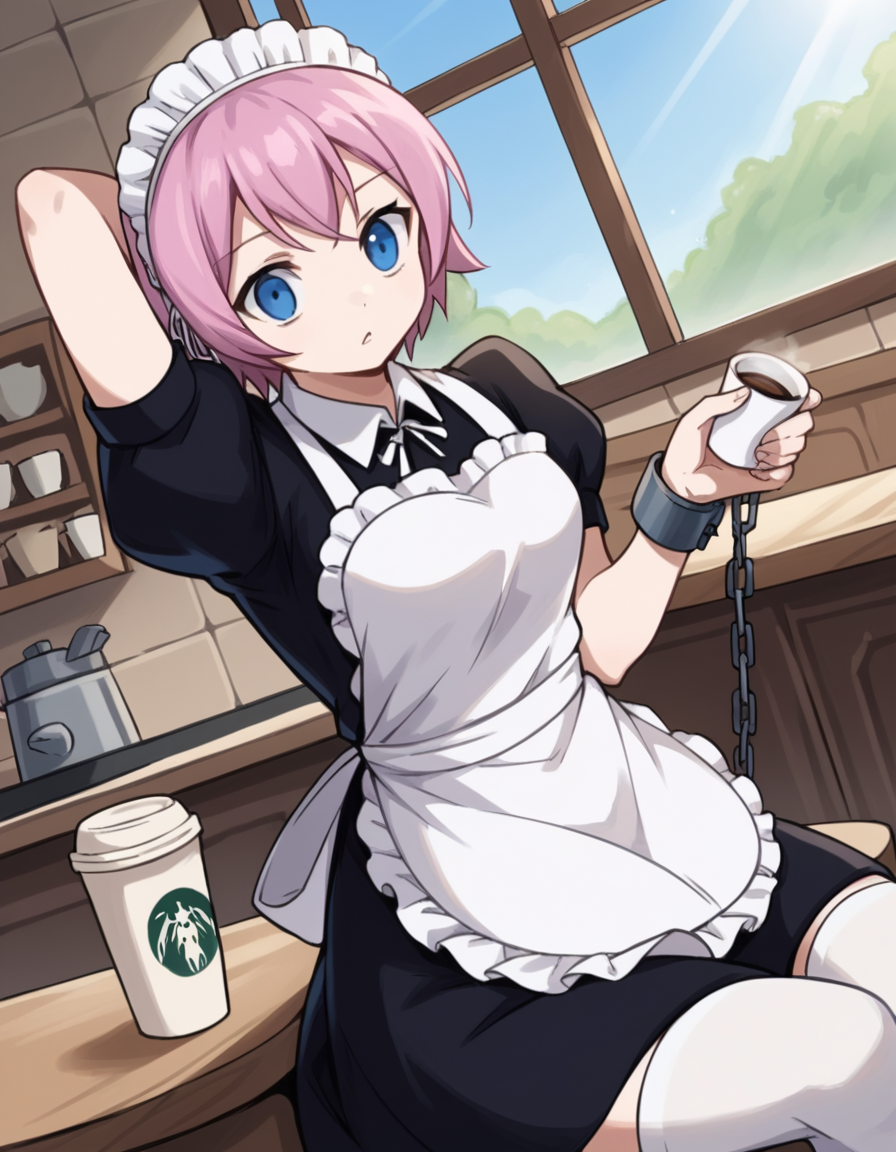 score_9, score_8_up, score_7_up, source_anime, <lora:fairytail-virgo-s7-ponyxl-lora-nochekaiser:1>,, maid virgo, short hair, bangs, blue eyes, pink hair, thighhighs, dress, short sleeves, shoes, puffy sleeves, black footwear, apron, black dress, white thighhighs, puffy short sleeves, zettai ryouiki, maid, maid headdress, white apron, maid apron, cuffs, enmaided, handcuffs,, cafe, coffee cup, barista, sitting down, talking, relaxing, sunlight through window, , , hand behind head, solo,, cowboy shot, dutch angle